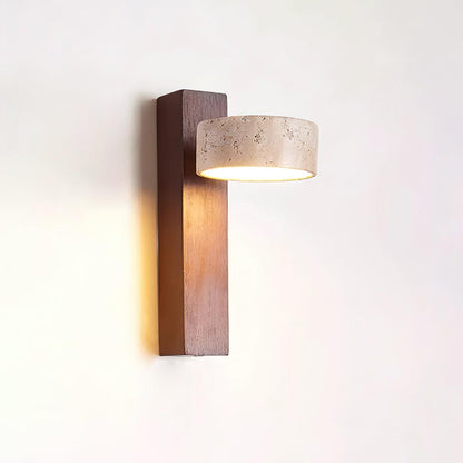 Travertine & Wood Wall Sconce – Modern Stone Shade Fixture with Angled Beam – Warm Sculptural Accent Light for Bedroom Living Room Hallway