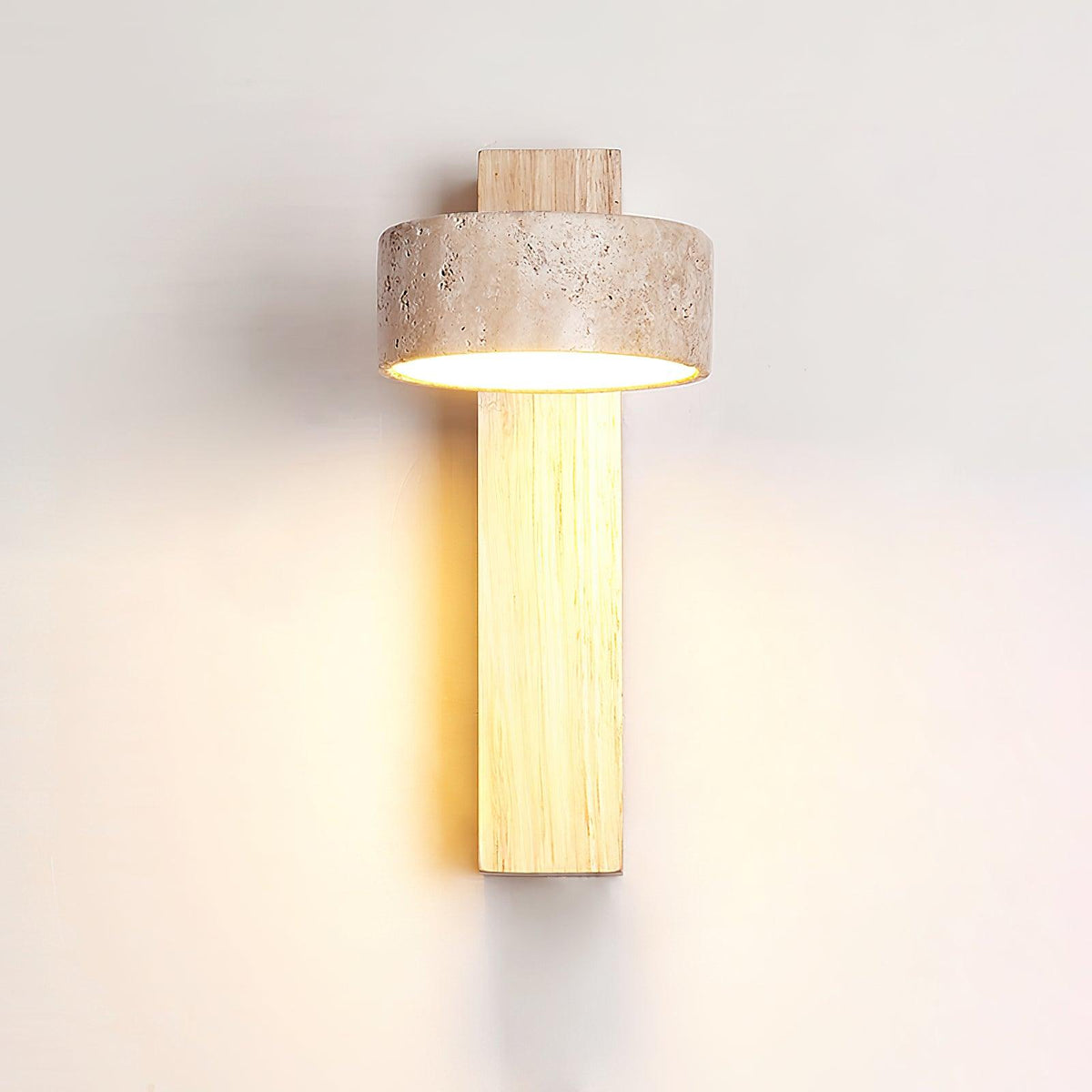 Travertine & Wood Wall Sconce – Modern Stone Shade Fixture with Angled Beam – Warm Sculptural Accent Light for Bedroom Living Room Hallway