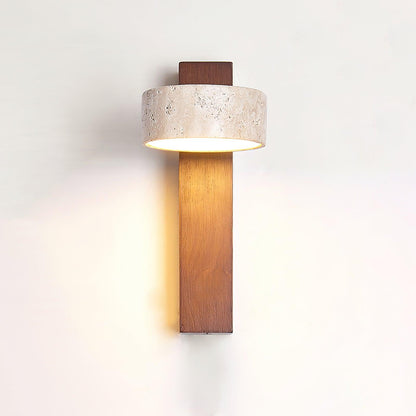 Travertine & Wood Wall Sconce – Modern Stone Shade Fixture with Angled Beam – Warm Sculptural Accent Light for Bedroom Living Room Hallway