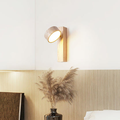 Travertine & Wood Wall Sconce – Modern Stone Shade Fixture with Angled Beam – Warm Sculptural Accent Light for Bedroom Living Room Hallway