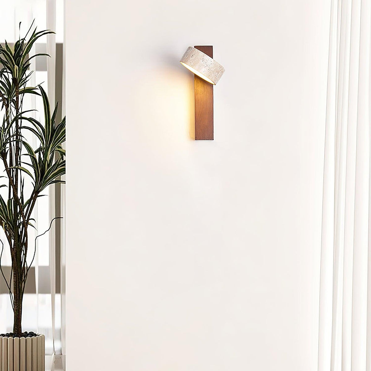 Travertine & Wood Wall Sconce – Modern Stone Shade Fixture with Angled Beam – Warm Sculptural Accent Light for Bedroom Living Room Hallway