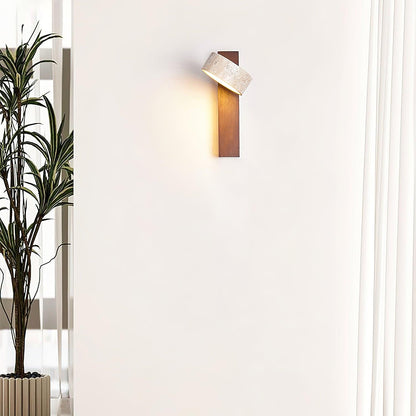 Travertine & Wood Wall Sconce – Modern Stone Shade Fixture with Angled Beam – Warm Sculptural Accent Light for Bedroom Living Room Hallway