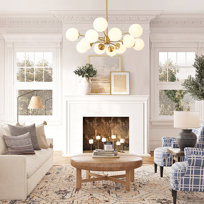 Dual-Tier Chandelier with 12 Opal Glass Globes in Brass Finish – 35 in Wide Statement Fixture for Dining Rooms, Living Spaces & Entryways