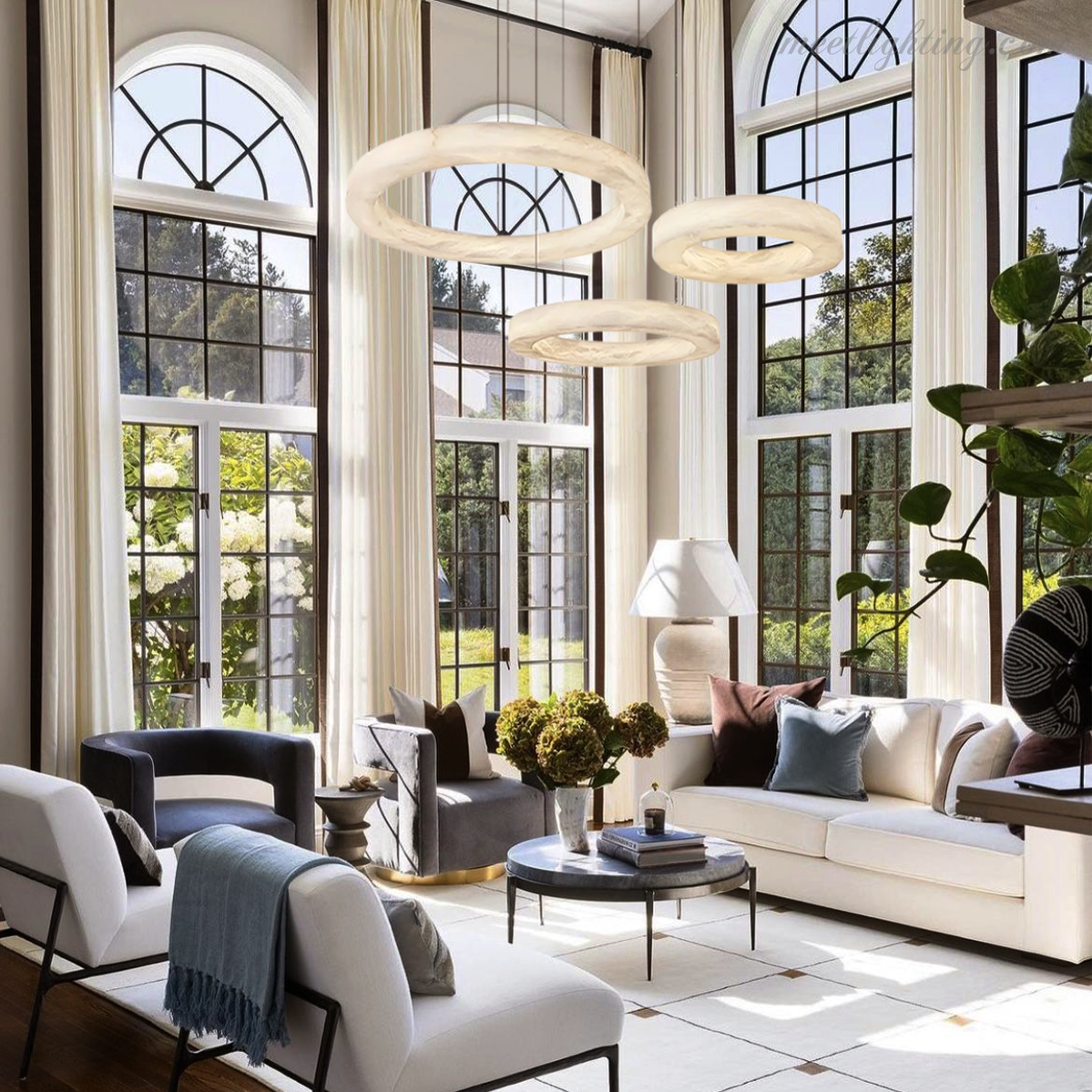 Circular Alabaster LED Ceiling Light with Brass Frame for Dining Room & Living Room | Modern Flush Mount Fixture