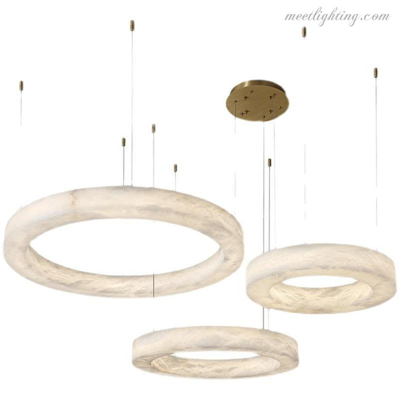 Circular Alabaster LED Ceiling Light with Brass Frame for Dining Room & Living Room | Modern Flush Mount Fixture