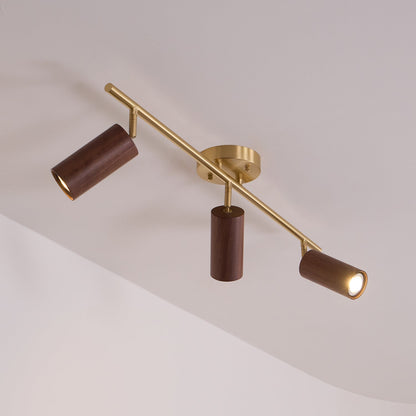 Pivoting Rail Ceiling Light Fixture with Walnut & Brass in Gold — Directional Spotlight Bar for Kitchens, Dens & Entryways — E26 Socket Spot