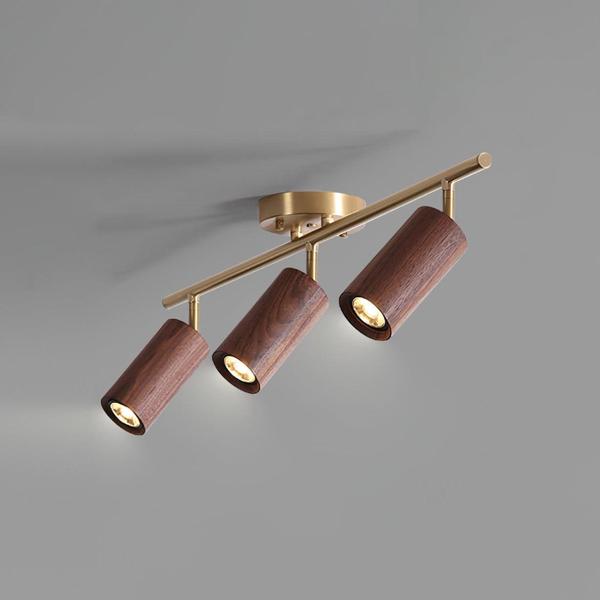 Pivoting Rail Ceiling Light Fixture with Walnut & Brass in Gold — Directional Spotlight Bar for Kitchens, Dens & Entryways — E26 Socket Spot