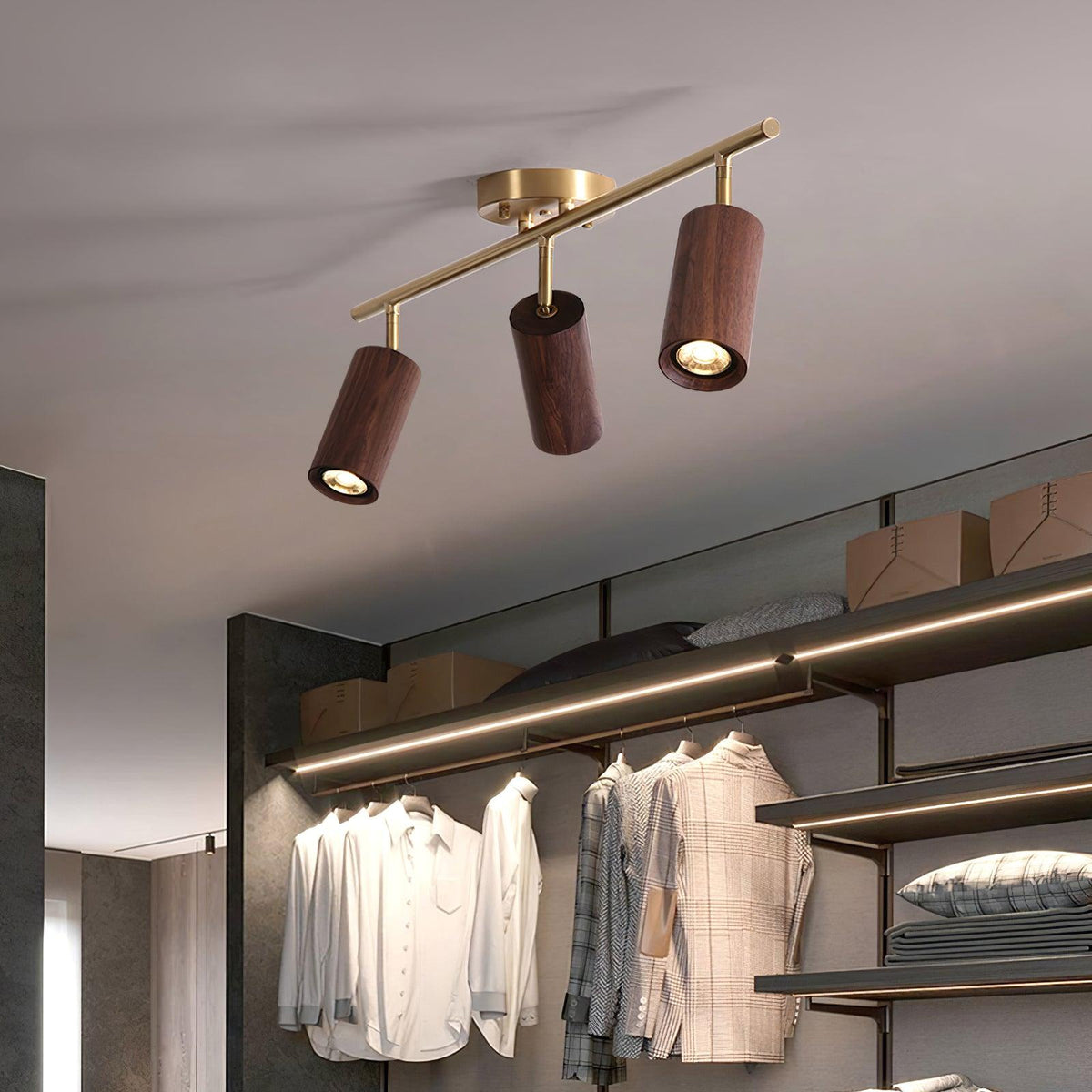 Pivoting Rail Ceiling Light Fixture with Walnut & Brass in Gold — Directional Spotlight Bar for Kitchens, Dens & Entryways — E26 Socket Spot