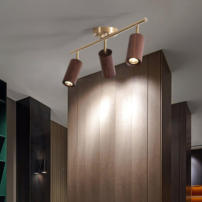 Pivoting Rail Ceiling Light Fixture with Walnut & Brass in Gold — Directional Spotlight Bar for Kitchens, Dens & Entryways — E26 Socket Spot