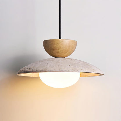 Travertine Glass Hanging Light Fixture with Wood Accent for Kitchen Island Dining Room Overhead Suspension Lamp Adjustable Cord Ceiling Moun
