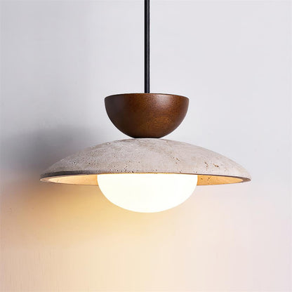 Travertine Stone Pendant Light with Wood Accent for Dining Room & Kitchen Island | Natural Glass Shade Hanging Ceiling Lamp