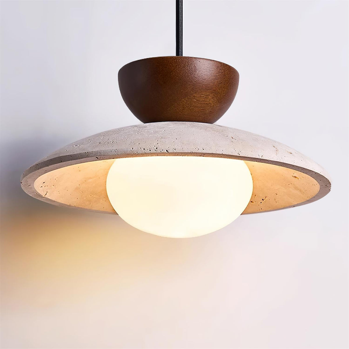Travertine Glass Hanging Light Fixture with Wood Accent for Kitchen Island Dining Room Overhead Suspension Lamp Adjustable Cord Ceiling Moun