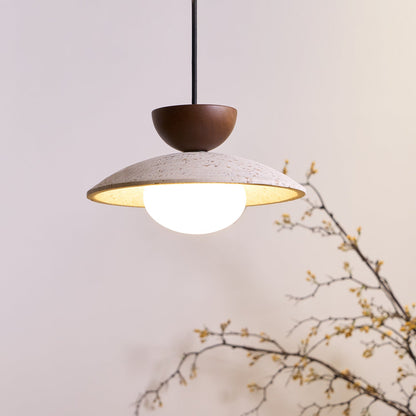 Travertine Stone Pendant Light with Wood Accent for Dining Room & Kitchen Island | Natural Glass Shade Hanging Ceiling Lamp