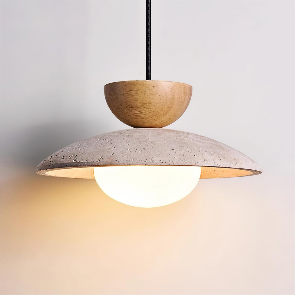Travertine Glass Hanging Light Fixture with Wood Accent for Kitchen Island Dining Room Overhead Suspension Lamp Adjustable Cord Ceiling Moun