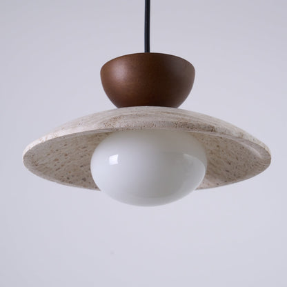 Travertine Stone Pendant Light with Wood Accent for Dining Room & Kitchen Island | Natural Glass Shade Hanging Ceiling Lamp