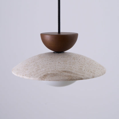 Travertine Stone Pendant Light with Wood Accent for Dining Room & Kitchen Island | Natural Glass Shade Hanging Ceiling Lamp