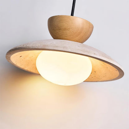 Travertine Glass Hanging Light Fixture with Wood Accent for Kitchen Island Dining Room Overhead Suspension Lamp Adjustable Cord Ceiling Moun