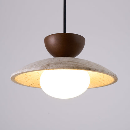 Travertine Stone Pendant Light with Wood Accent for Dining Room & Kitchen Island | Natural Glass Shade Hanging Ceiling Lamp
