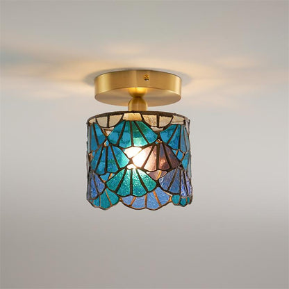 Handcrafted Mosaic Glass Flush Mount Light Fixture E14 Socket for Bathroom Hallway Entrance Spaces Multicolor Artisan Ceiling Fixture Brass