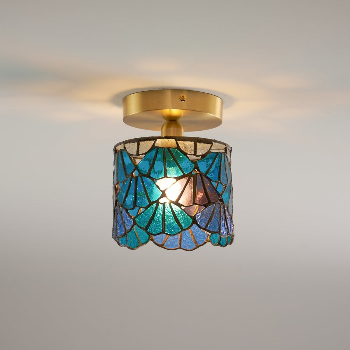 Handcrafted Mosaic Glass Flush Mount Light Fixture E14 Socket for Bathroom Hallway Entrance Spaces Multicolor Artisan Ceiling Fixture Brass