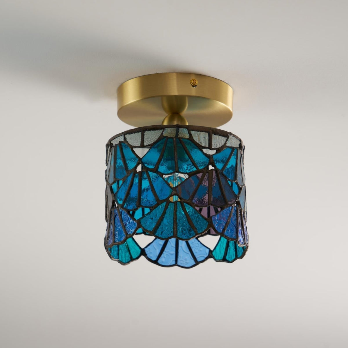 Handcrafted Mosaic Glass Flush Mount Light Fixture E14 Socket for Bathroom Hallway Entrance Spaces Multicolor Artisan Ceiling Fixture Brass