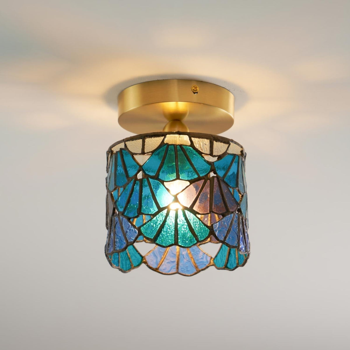 Handcrafted Mosaic Glass Flush Mount Light Fixture E14 Socket for Bathroom Hallway Entrance Spaces Multicolor Artisan Ceiling Fixture Brass
