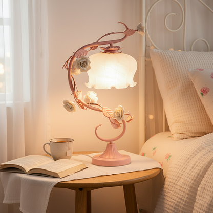 Porcelain Rose Bedside Lamp 9 in Pink Frosted Glass Accent Light for Nightstand Bedroom Living Room Home Office Cottage Décor Reading Lighti