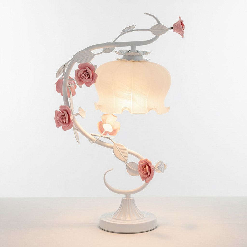 Porcelain Rose Bedside Lamp 9 in Pink Frosted Glass Accent Light for Nightstand Bedroom Living Room Home Office Cottage Décor Reading Lighti
