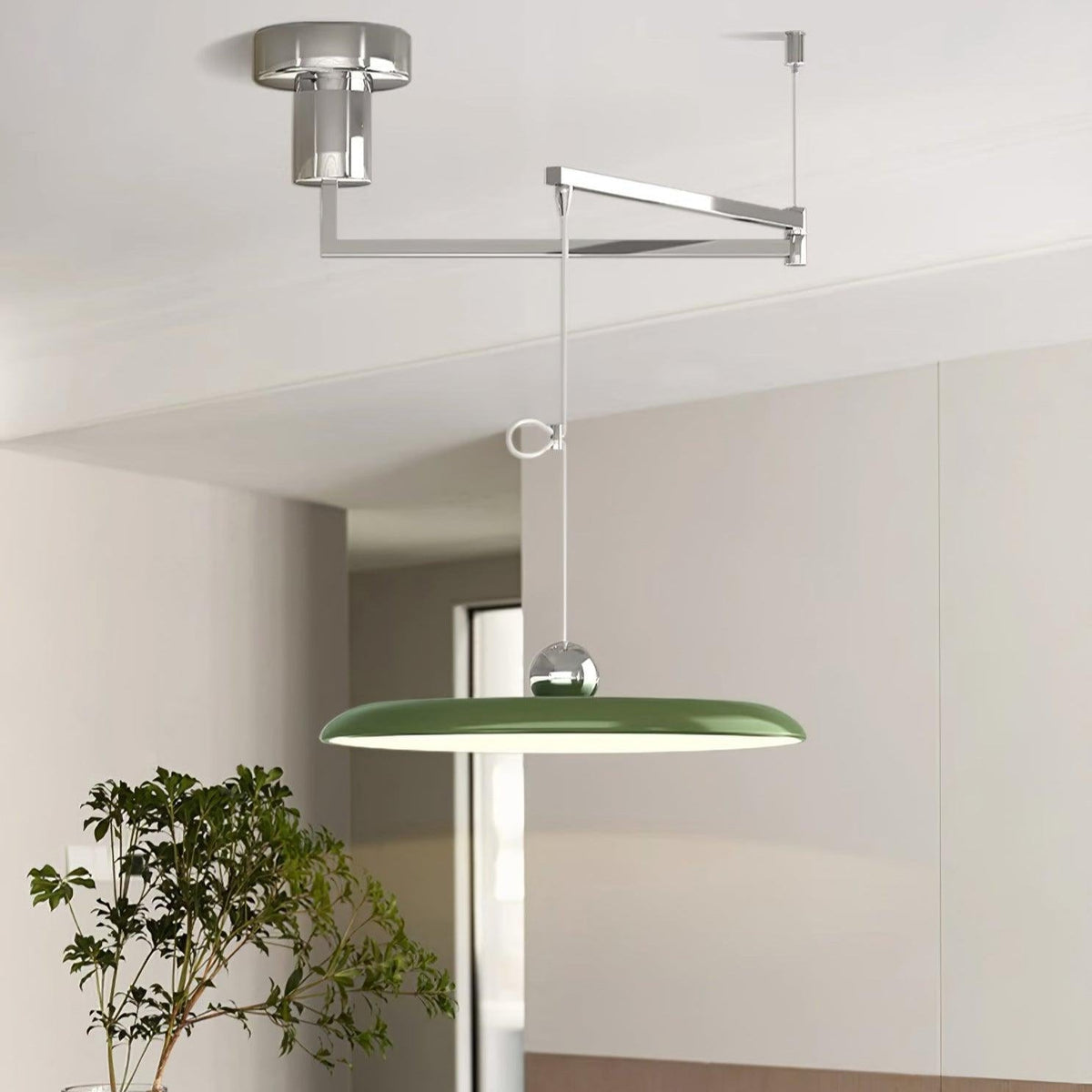 Adjustable Swing Arm Pendant Light with Round Metal Shade for Kitchen Island & Workspace