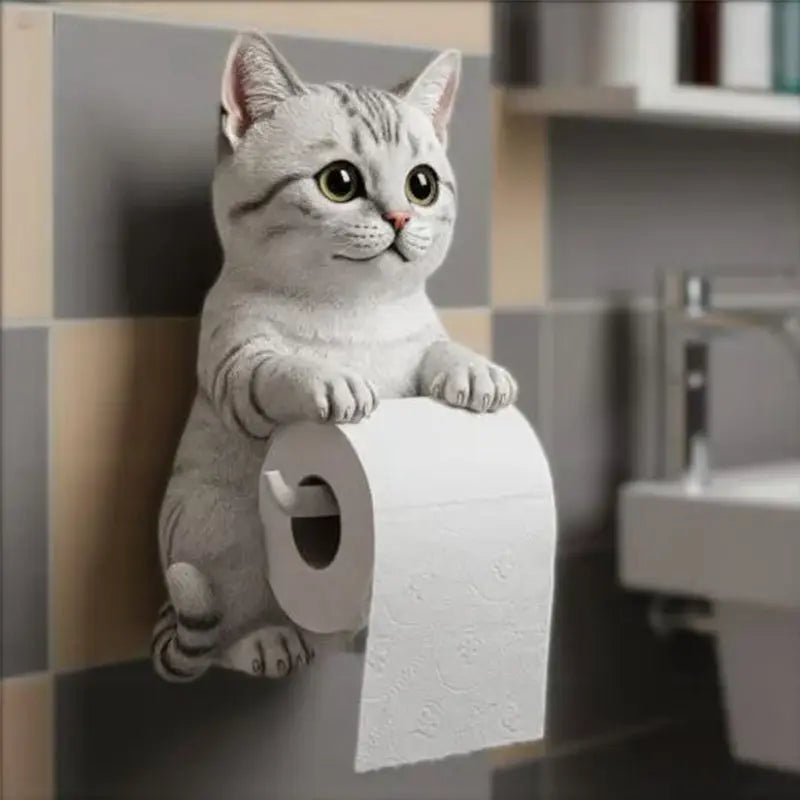 Feline Bathroom Tissue Dispenser Wall Mount Resin Animal Sculpture Storage Organizer Powder Room Decor Playful Cat Theme Space Saver Guest B