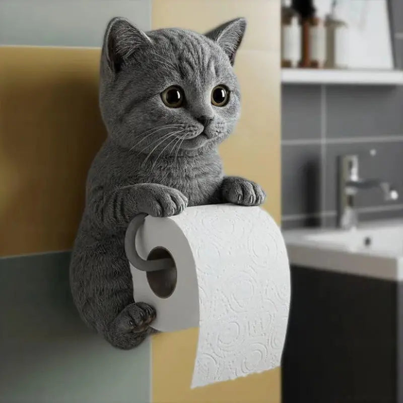 Feline Bathroom Tissue Dispenser Wall Mount Resin Animal Sculpture Storage Organizer Powder Room Decor Playful Cat Theme Space Saver Guest B