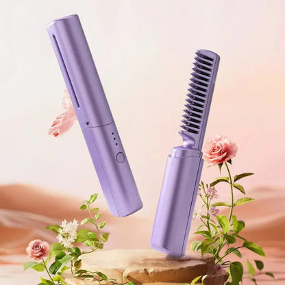 Cordless Hair Straightening Brush with Ceramic Coating & 3 Heat Settings for Travel & On-the-Go Styling