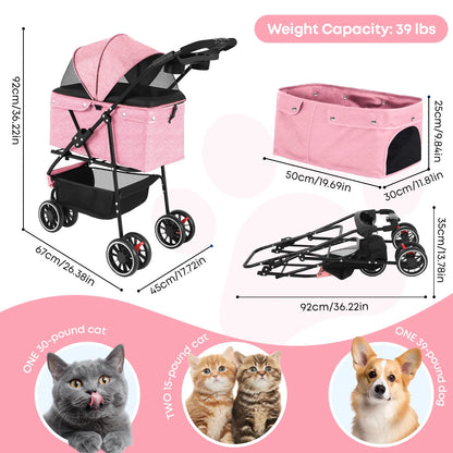 Lightweight Foldable Pet Stroller for Small Dogs and Cats – Water-Resistant Travel Carriage