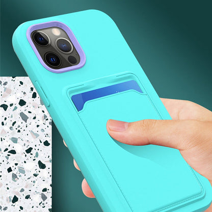 Silicone iPhone Case with Built-In Card Holder Wallet Slot Dual Color Shockproof Protective Cover Anti-Fingerprint Finish Raised Edges