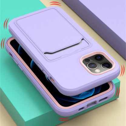 Silicone iPhone Case with Built-In Card Holder Wallet Slot Dual Color Shockproof Protective Cover Anti-Fingerprint Finish Raised Edges