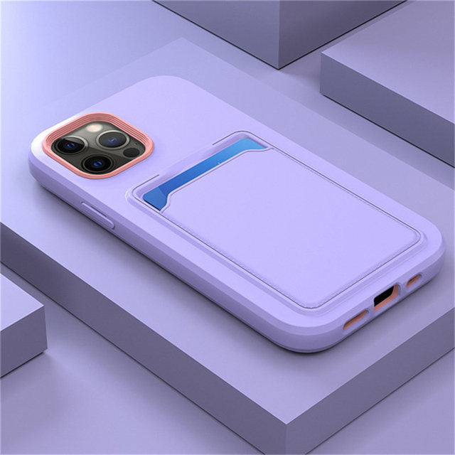 Silicone iPhone Case with Built-In Card Holder Wallet Slot Dual Color Shockproof Protective Cover Anti-Fingerprint Finish Raised Edges