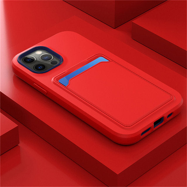 Silicone iPhone Case with Built-In Card Holder Wallet Slot Dual Color Shockproof Protective Cover Anti-Fingerprint Finish Raised Edges