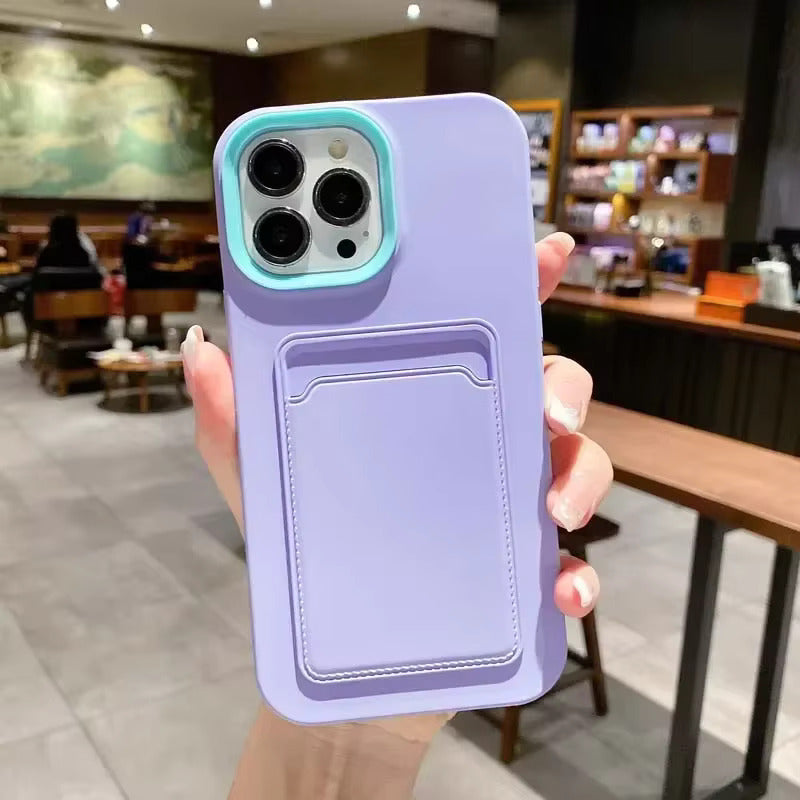 Silicone iPhone Case with Built-In Card Holder Wallet Slot Dual Color Shockproof Protective Cover Anti-Fingerprint Finish Raised Edges