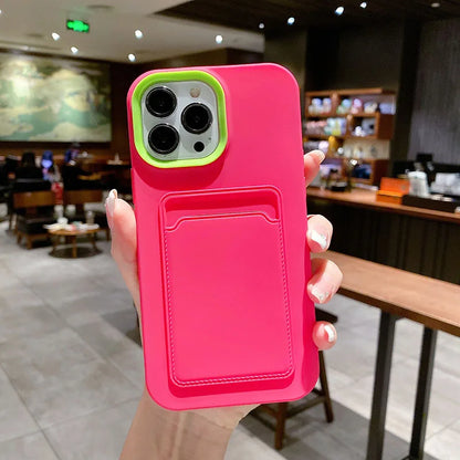 Silicone iPhone Case with Built-In Card Holder Wallet Slot Dual Color Shockproof Protective Cover Anti-Fingerprint Finish Raised Edges
