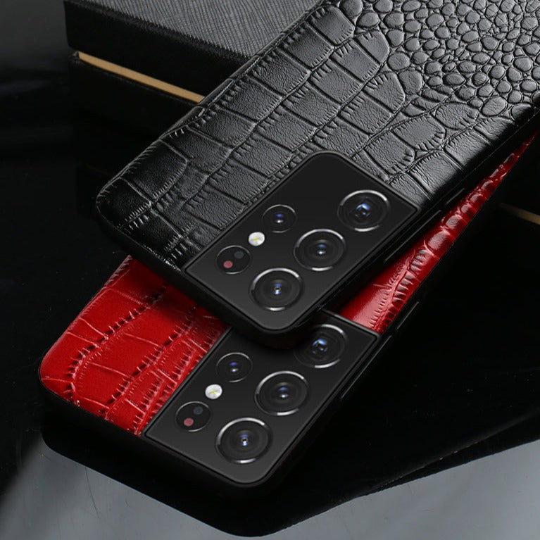 Premium Cowhide Leather Phone Case for Samsung Galaxy – Dual-Tone Design with Raised Edges & Camera Protection