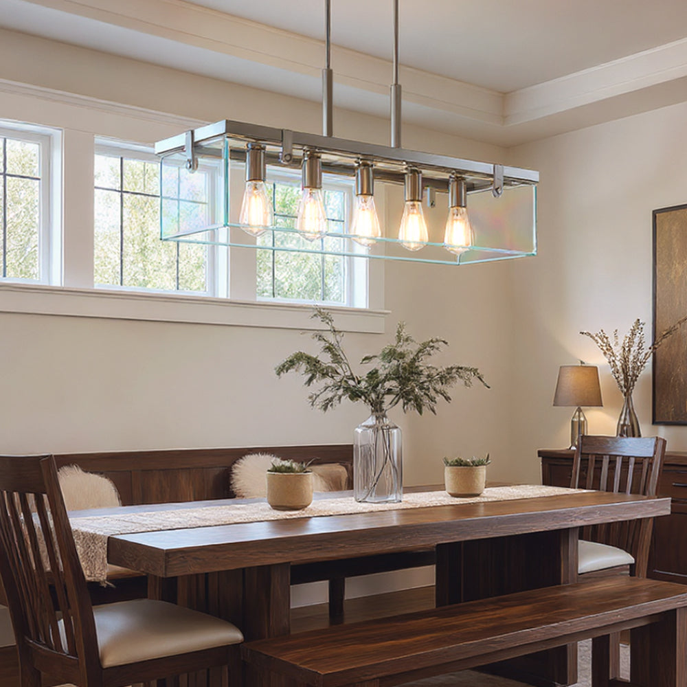 Linear Overhead Island Fixture Steel Frame Beveled Glass 37-Inch 5-Light Adjustable Chain Brushed Nickel for Kitchen & Dining