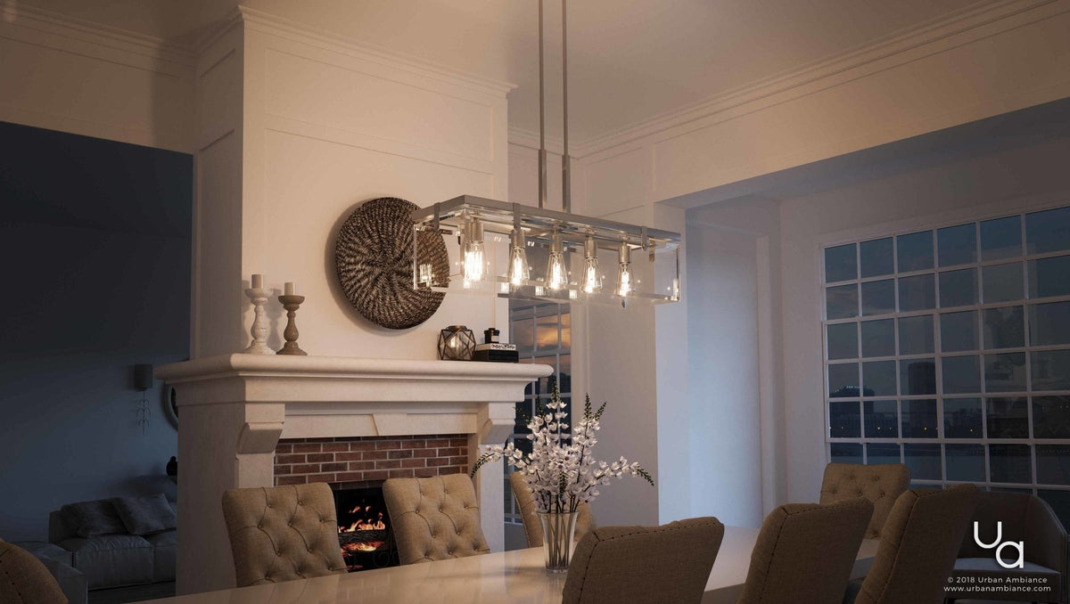 Linear Overhead Island Fixture Steel Frame Beveled Glass 37-Inch 5-Light Adjustable Chain Brushed Nickel for Kitchen & Dining