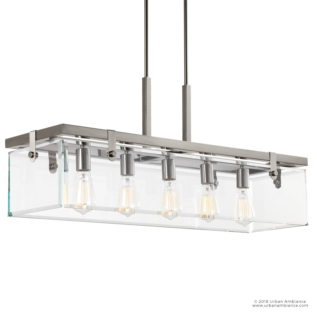 Linear Overhead Island Fixture Steel Frame Beveled Glass 37-Inch 5-Light Adjustable Chain Brushed Nickel for Kitchen & Dining