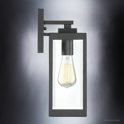 Steel Lantern Sconce Black 14-Inch Weatherproof Porch Light E26 Socket Beveled Glass Outdoor Fixture Entryway Illumination Modern Farmhouse