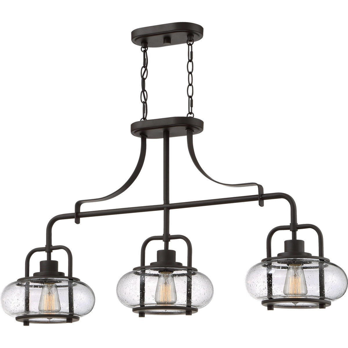 Three-Light Ceiling Fixture Steel & Textured Glass 38 in Wide Adjustable Height Bronze Finish Dining Room Hanging Light for Kitchen Island L