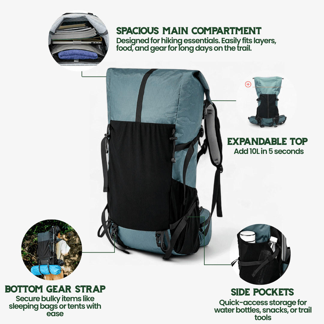Lightweight 50L Roll-Top Backpack – Expandable Water-Resistant Hiking Bag