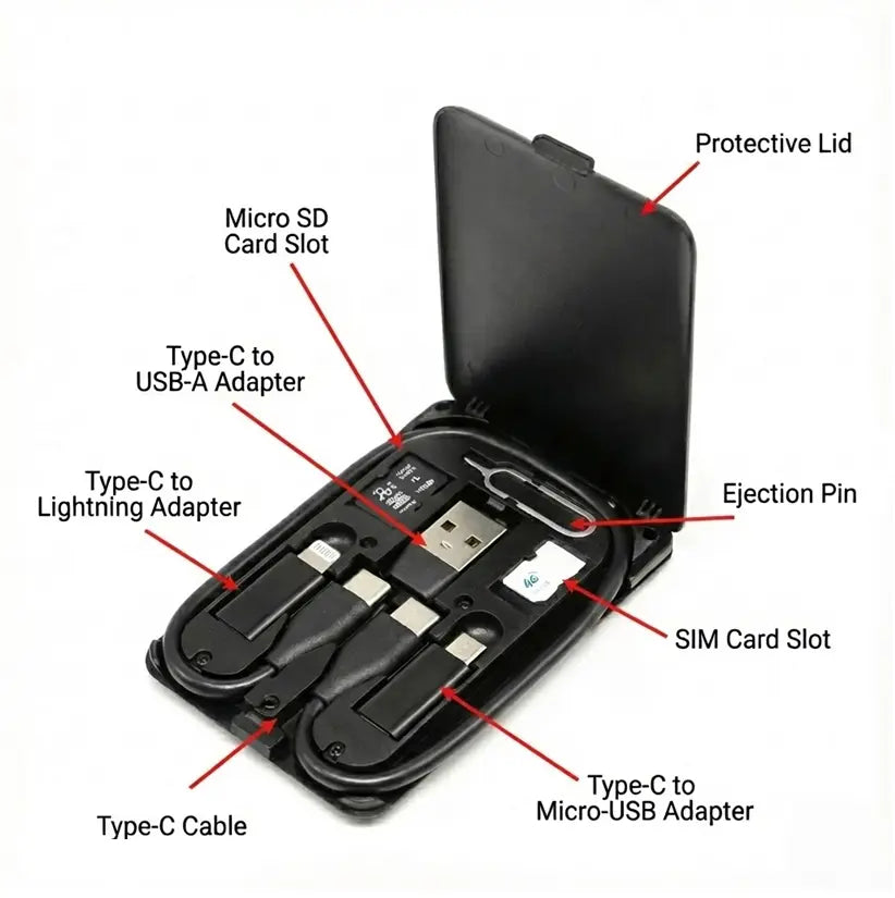 Multi-Device Charging Cable Kit with Type-C, Lightning, Micro-USB & USB-A Adapters – Slim Wallet Case, Built-In Phone Stand for Travel, Work