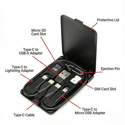 Multi-Device Charging Cable Kit with Type-C, Lightning, Micro-USB & USB-A Adapters – Slim Wallet Case, Built-In Phone Stand for Travel, Work