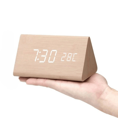 Sound-Activated Digital Alarm Clock with LED Display Wood Finish for Bedroom Office Nightstand Battery or USB Powered Adjustable Brightness