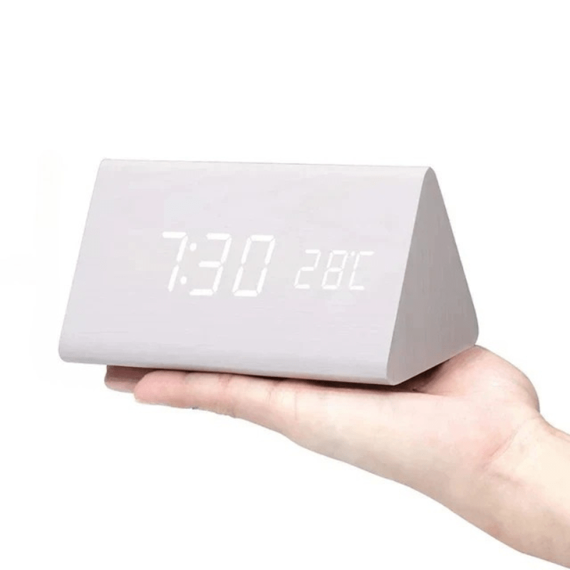 Sound-Activated Digital Alarm Clock with LED Display Wood Finish for Bedroom Office Nightstand Battery or USB Powered Adjustable Brightness
